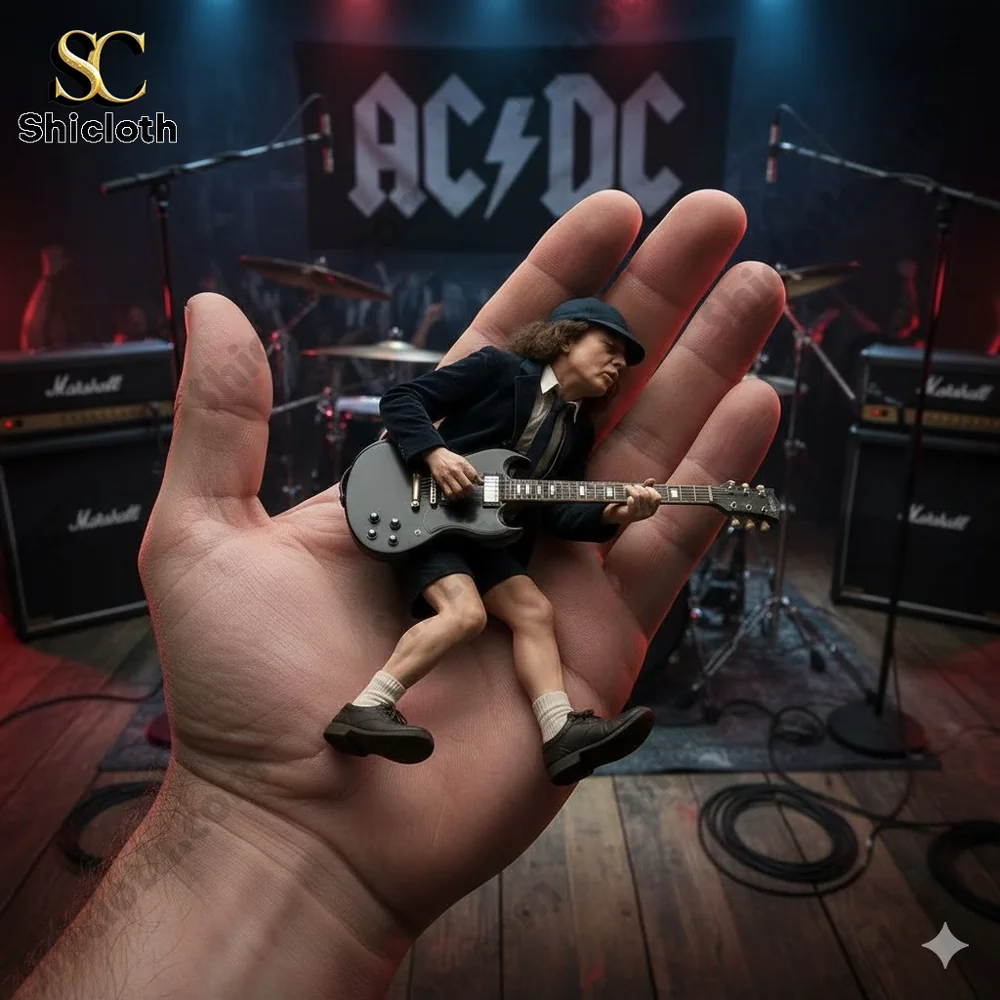 Miniature guitarist standing on a human hand in front of a rock stage!