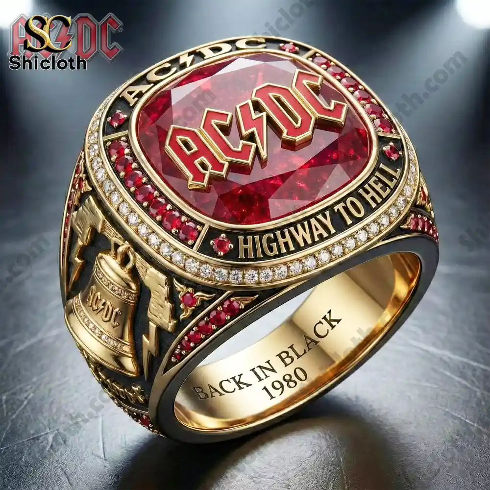 Gold AC DC ring with red gemstone and engraved details!