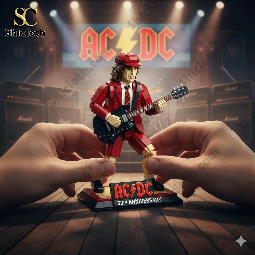 Brick style rock guitarist figure performing on a concert stage!