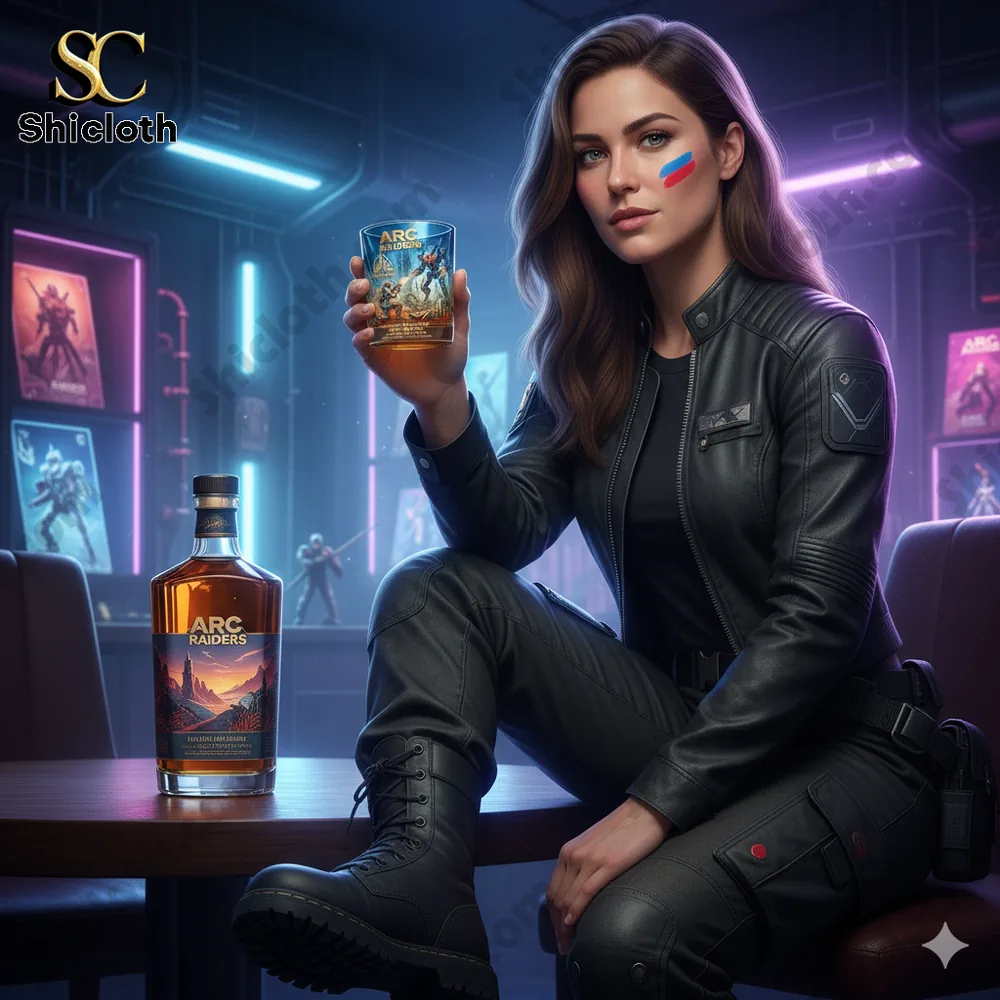 Woman in black outfit holding Arc Raiders glass in futuristic room!