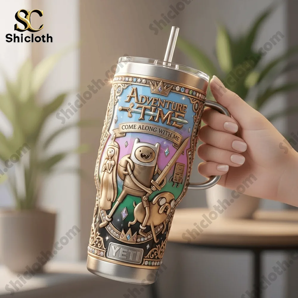 Hand holding Adventure Time Yeti mug indoors!