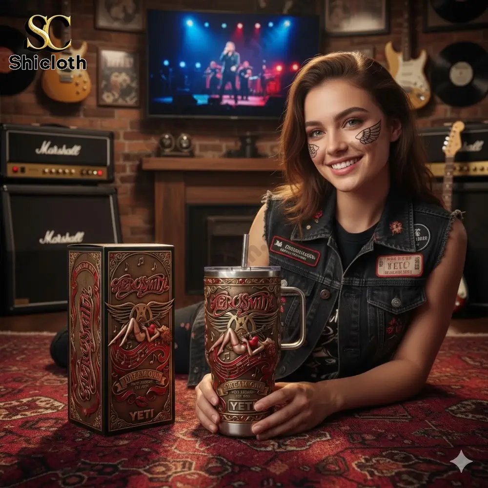 Woman presenting Aerosmith Dream On Yeti tumbler in rock music studio!