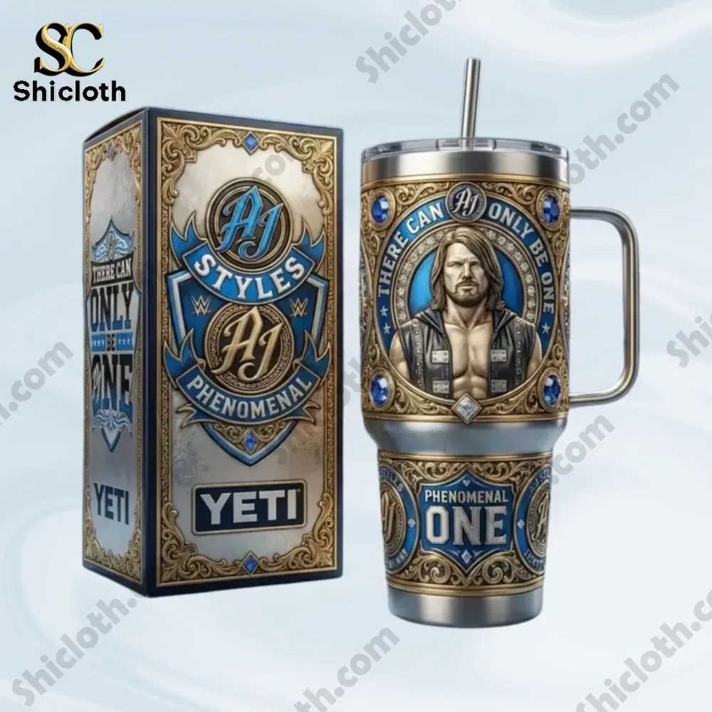 Blue and gold insulated tumbler with ornate wrestling design and matching box!