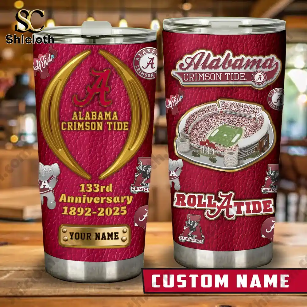 Alabama Crimson Tide anniversary tumbler front and back view with custom name!
