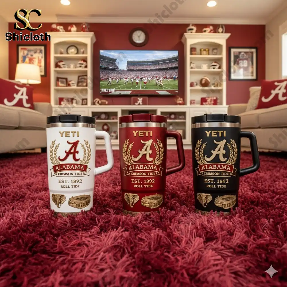 Alabama Crimson Tide insulated mugs displayed in a themed living room!