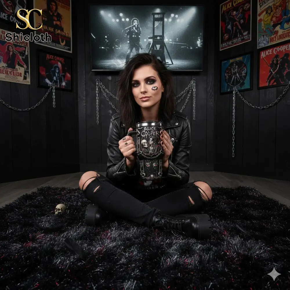 Gothic woman holding Alice Cooper black tumbler in rock themed room!