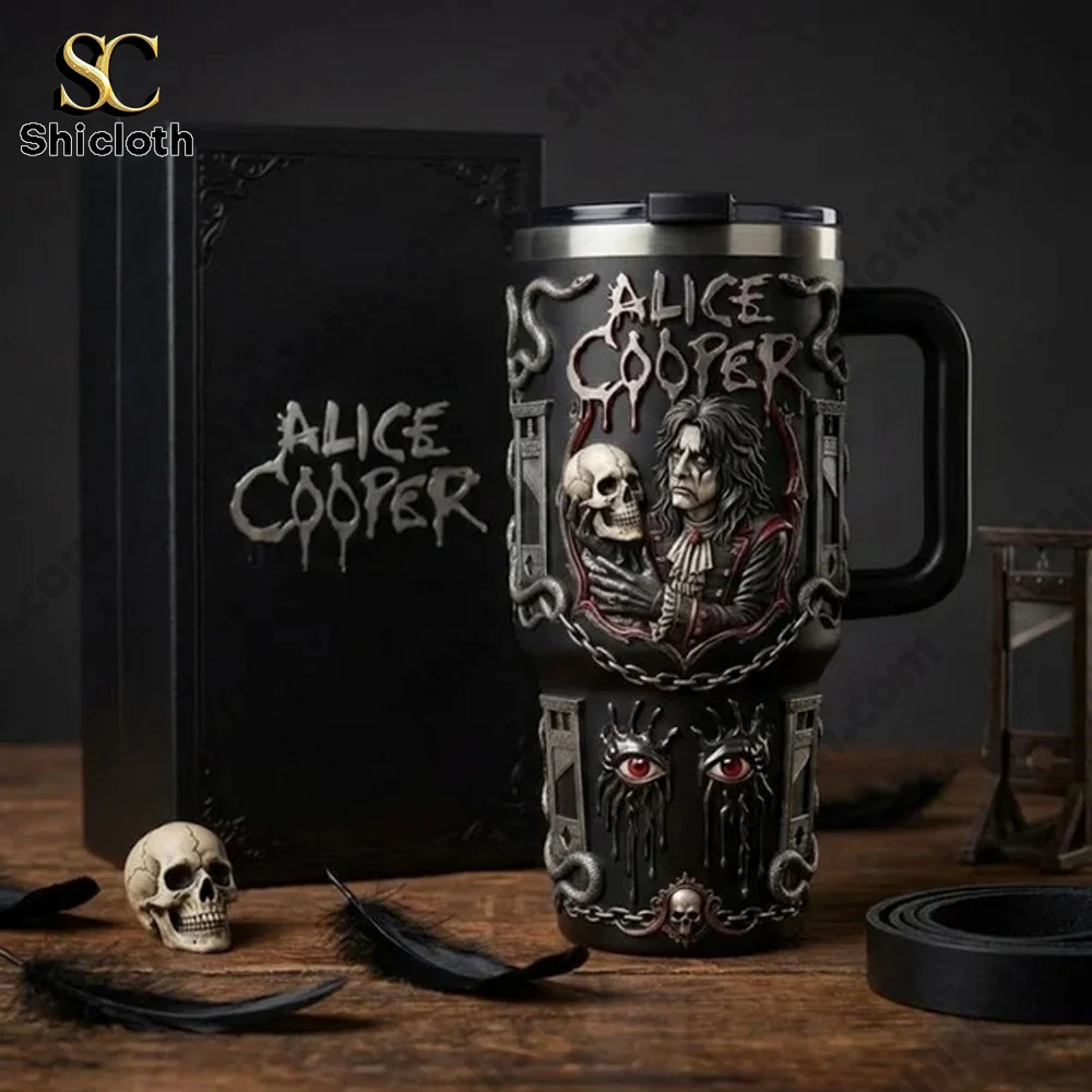 Alice Cooper black tumbler with skull design on wooden table!