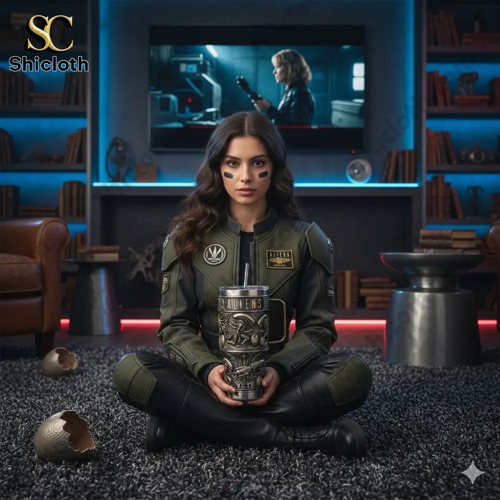 Woman in sci fi uniform holding embossed Aliens Yeti tumbler in futuristic room!