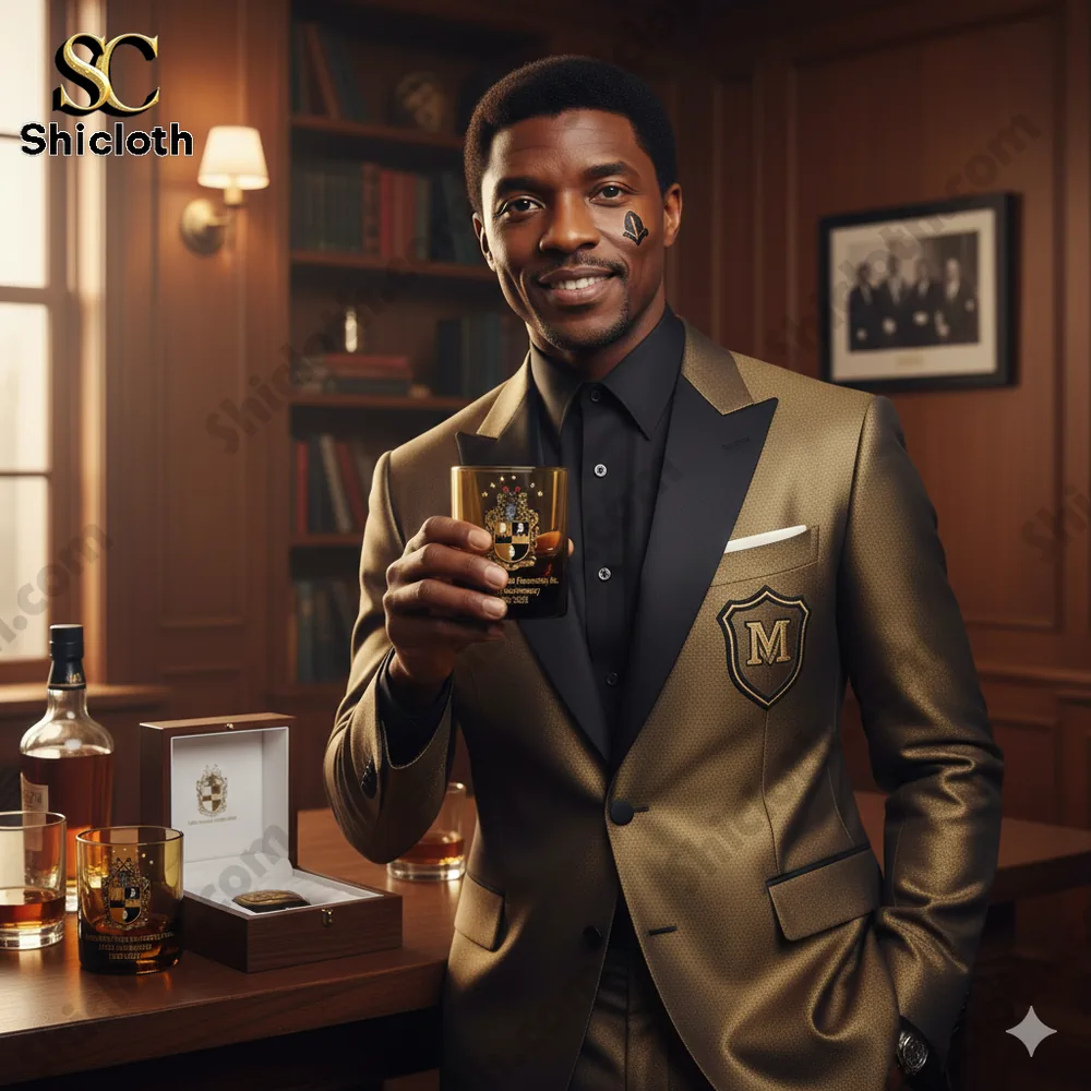Elegant man holding a commemorative Alpha Phi Alpha whisky glass indoors!