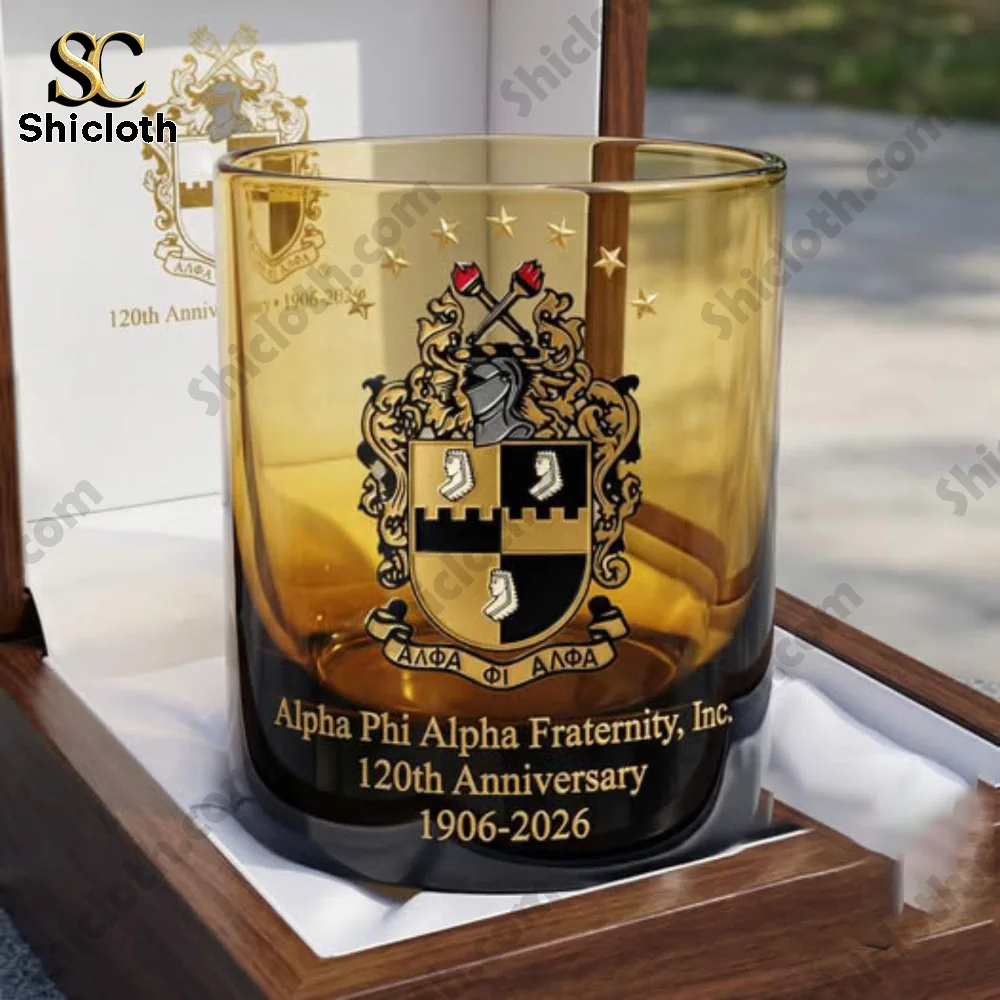 Close up of Alpha Phi Alpha commemorative whisky glass in a wooden box!