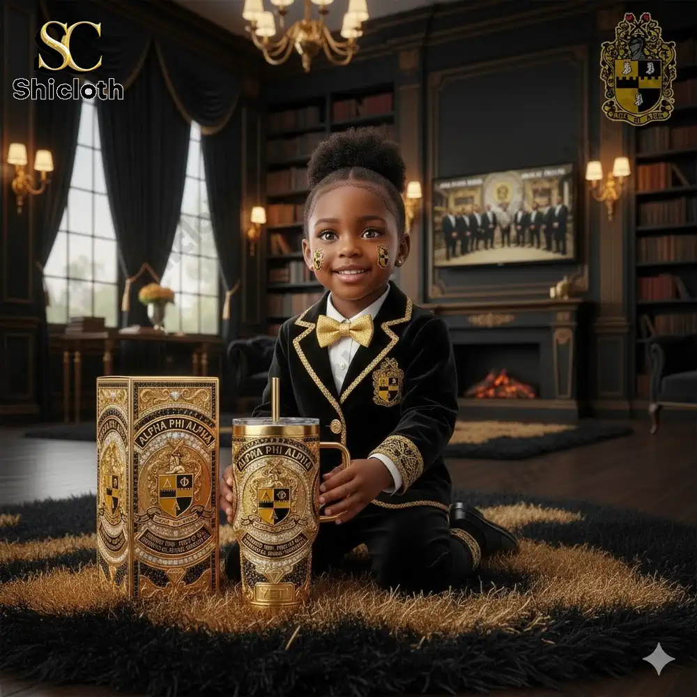 Child wearing elegant suit holding luxury insulated mug in classic study!