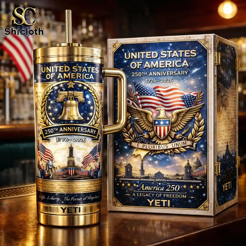 Insulated tumbler with patriotic American anniversary design and premium gift box by Shicloth!