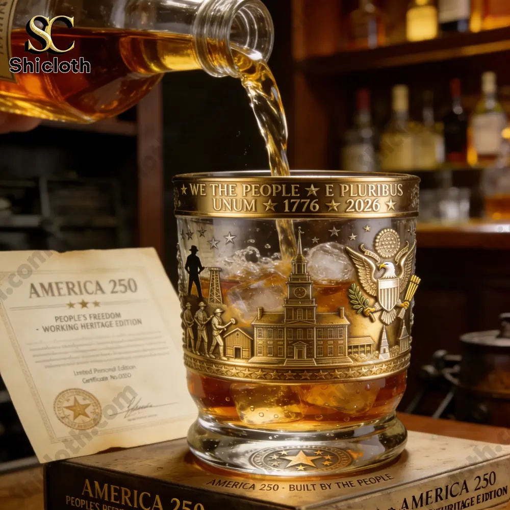 Whiskey being poured into a detailed America 250 commemorative glass!