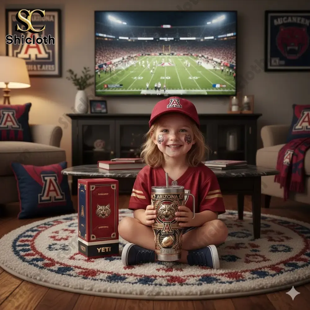 System Of A Down 2026 40oz Tumbler 62 Child wearing Arizona Wildcats gear holding a Bear Down Yeti tumbler while watching football!