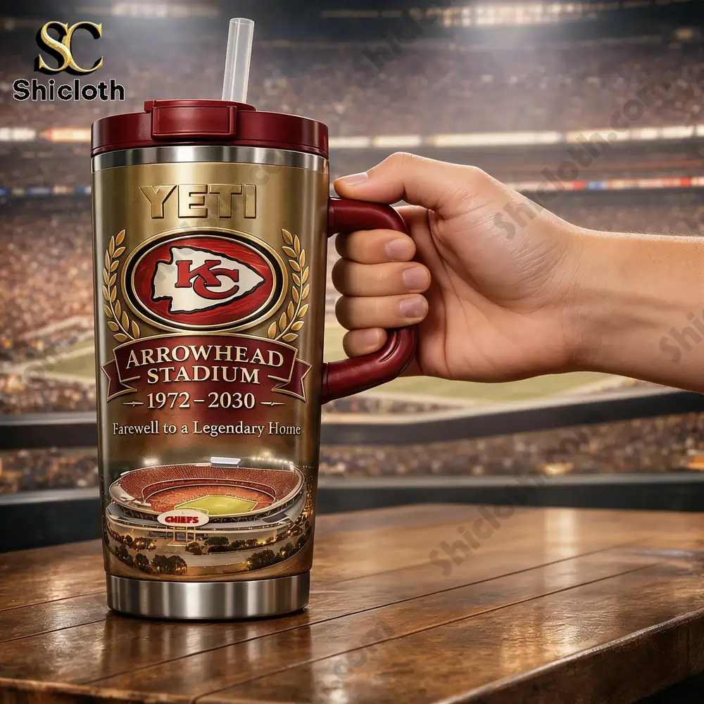 Hand holding Yeti tumbler with Arrowhead Stadium artwork!