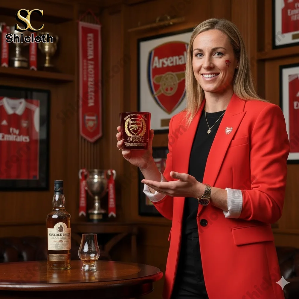 Woman presenting a red Arsenal anniversary glass in a club themed room!