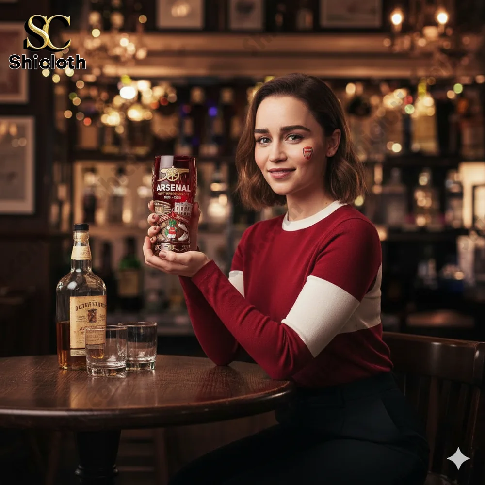 Woman holding Arsenal 140th anniversary beer glass in a bar setting!