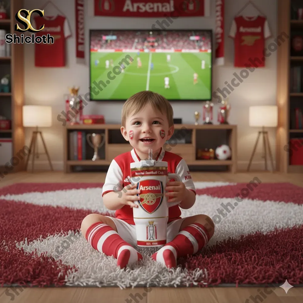 Baby wearing Arsenal outfit holding club cup in living room!