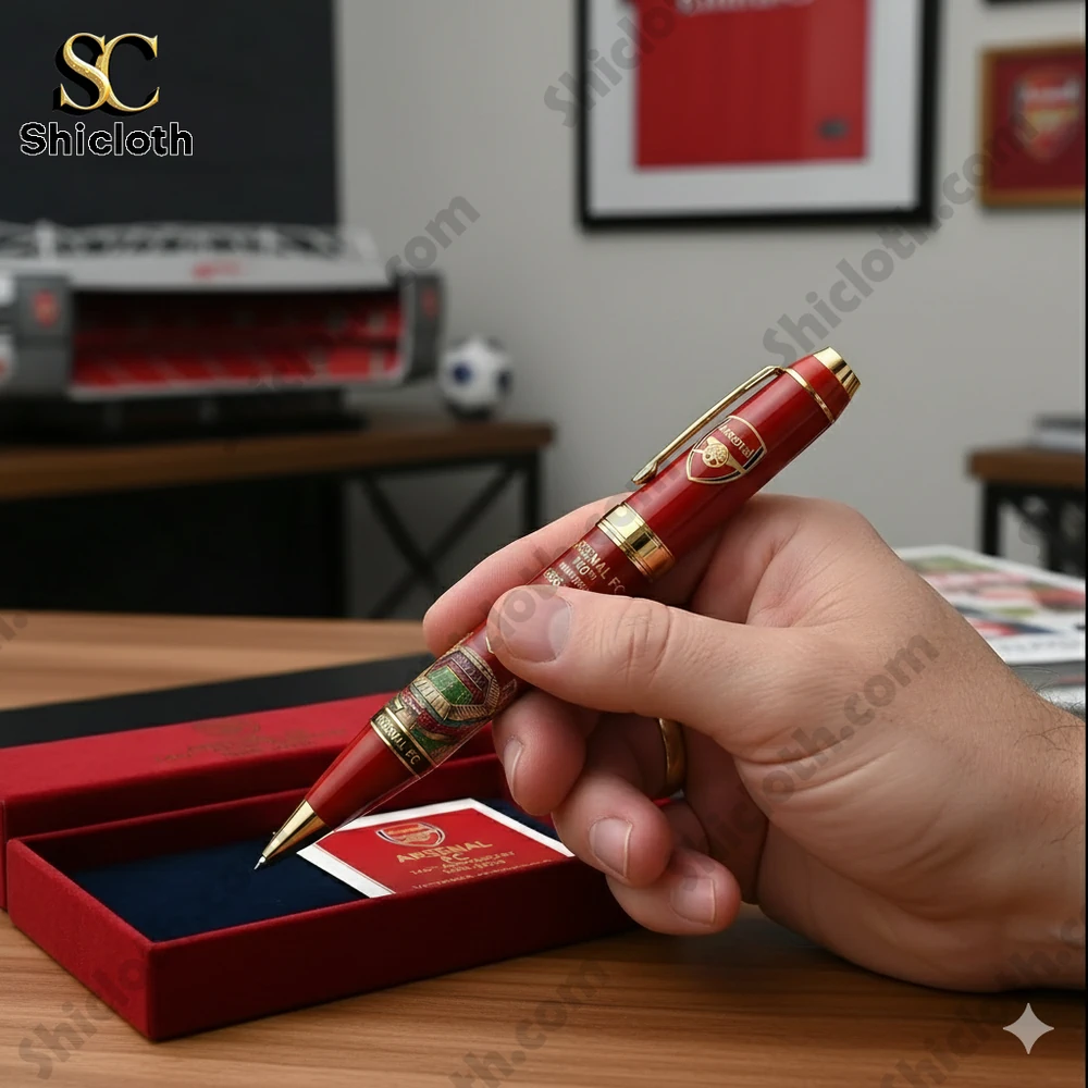 Arsenal FC red ballpoint pen held in hand with luxury gift box from Shicloth!