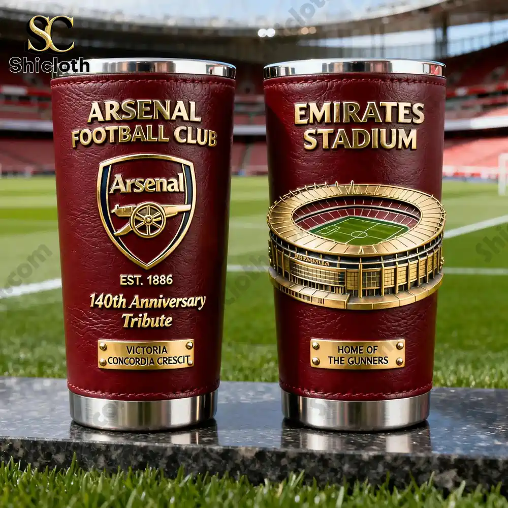 Arsenal football club themed red leather tumbler with club crest and anniversary tribute!