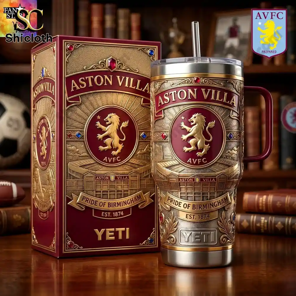 Aston Villa Yeti tumbler displayed with its decorative box on a wooden table!
