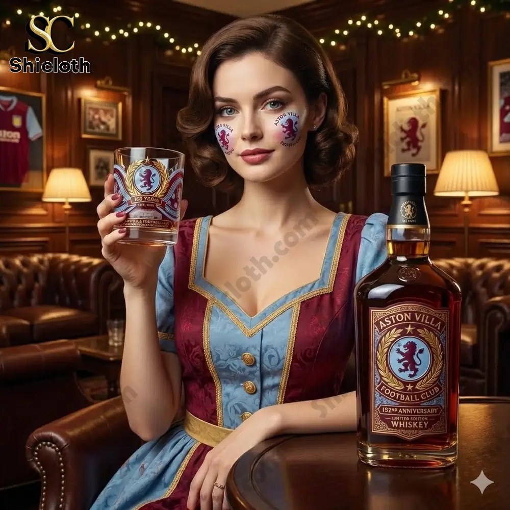Woman holding Aston Villa themed whisky glass in classic lounge!