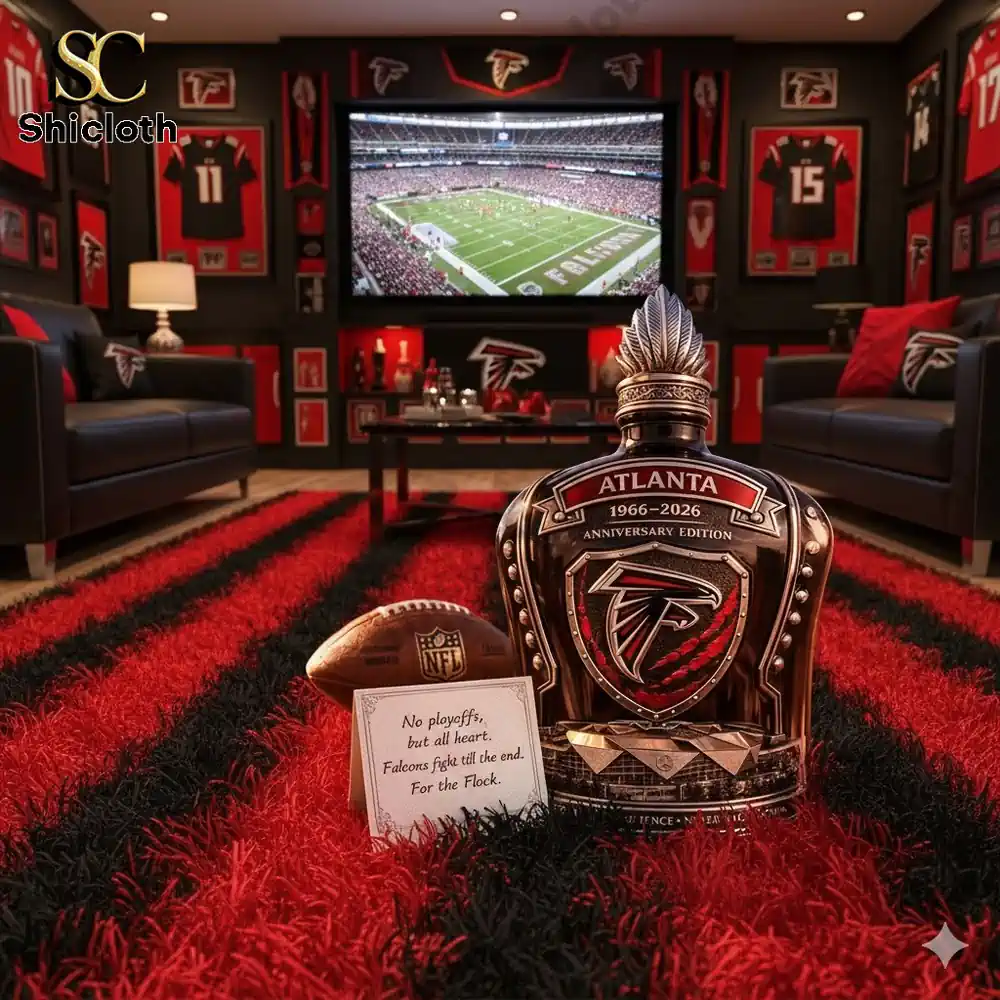Demogorgon Sculpted Whiskey Glass 28 Atlanta Falcons themed bottle in a red and black fan room!