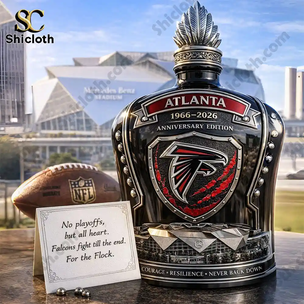 Atlanta Falcons themed bottle in front of a modern stadium!