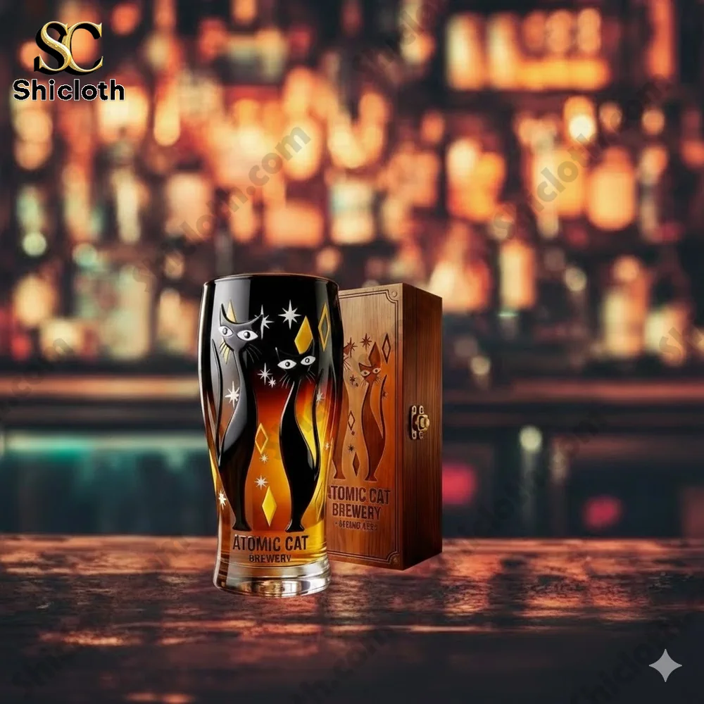 Artistic Atomic Cat Brewery beer glass on a bar counter!