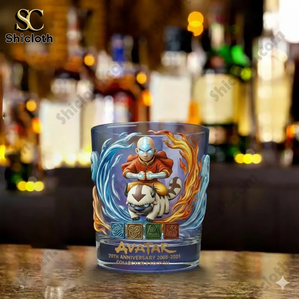 Avatar themed whiskey glass with elemental artwork on bar counter!
