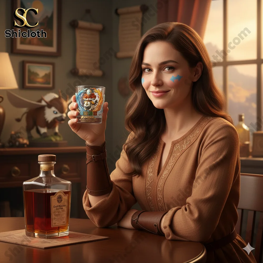Woman holding Avatar themed whiskey glass in warm interior setting!