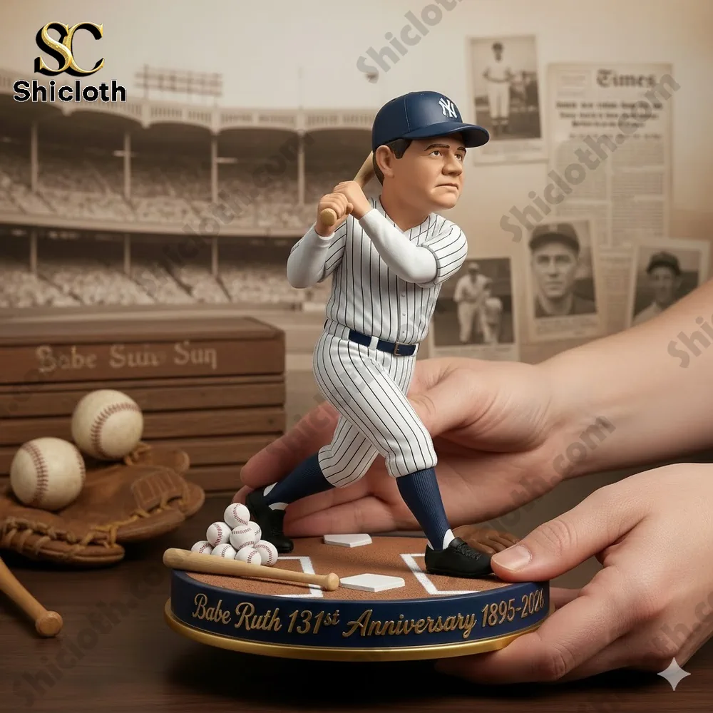 Babe Ruth baseball anniversary figurine on display base with bat and balls!