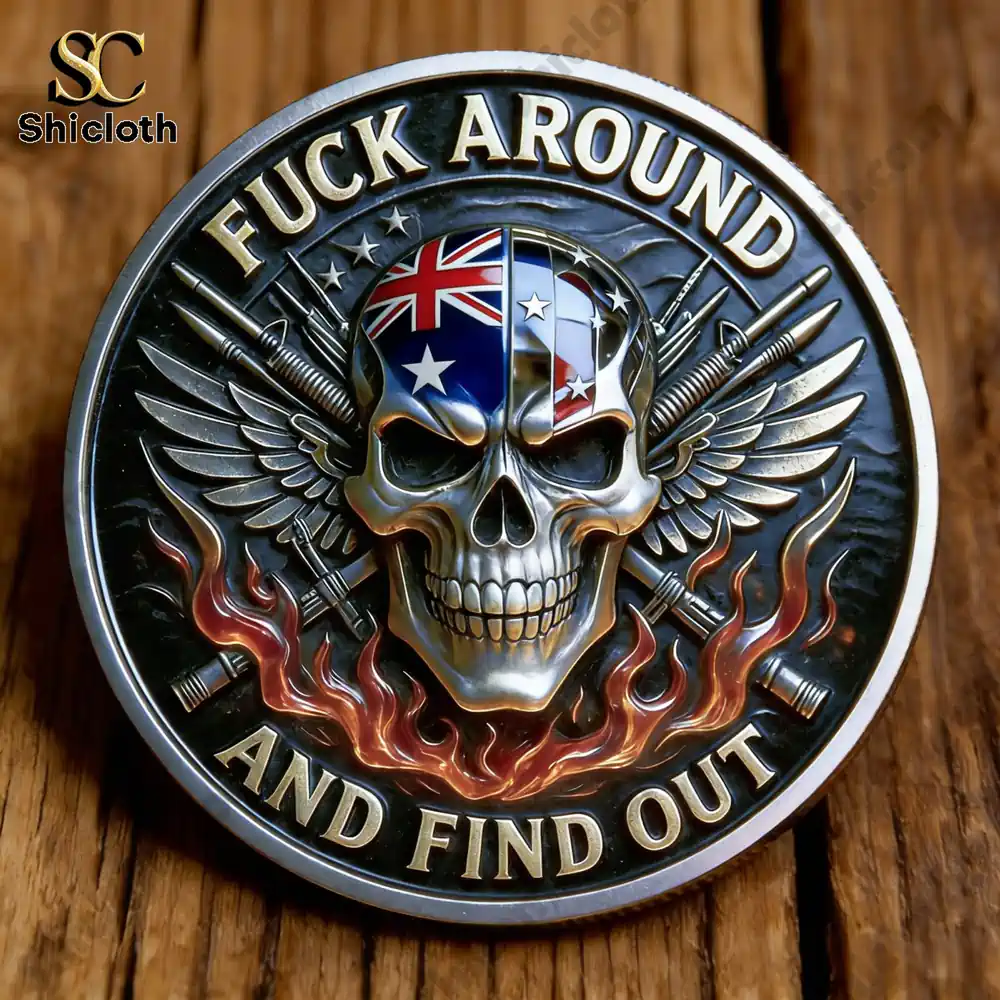 Metal skull badge with wings and bold emblem on wood surface!