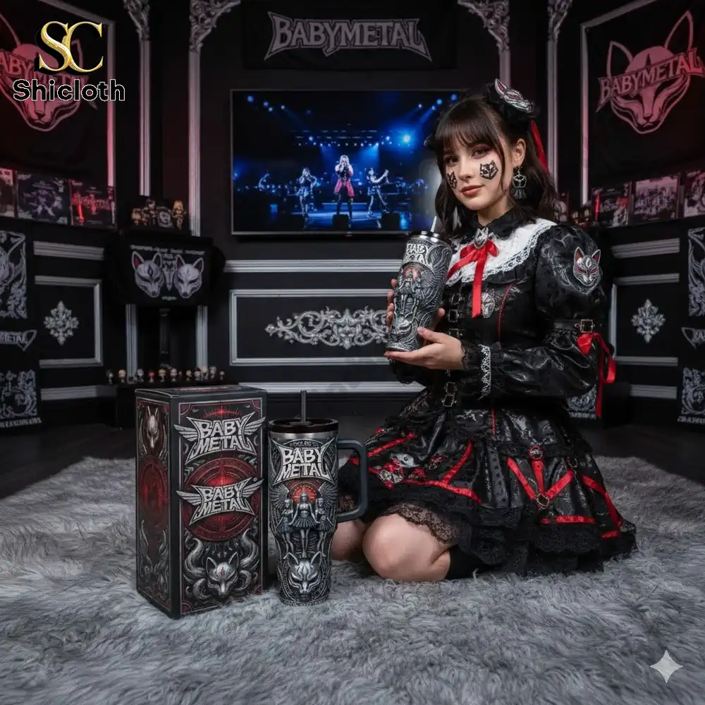 Woman holding Babymetal metal resistance tumbler in gothic themed display