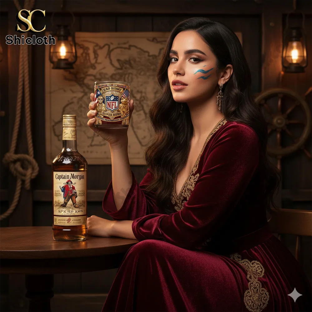 Elegant woman holding a decorative Super Bowl themed glass in a vintage bar setting!