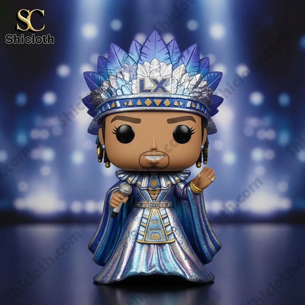Bad Bunny Super Bowl Lx Benito Dress Tribute Edition Vinyl Pop Figure Doll 3 Close up vinyl style singer figure wearing blue silver outfit and crown on stage background!