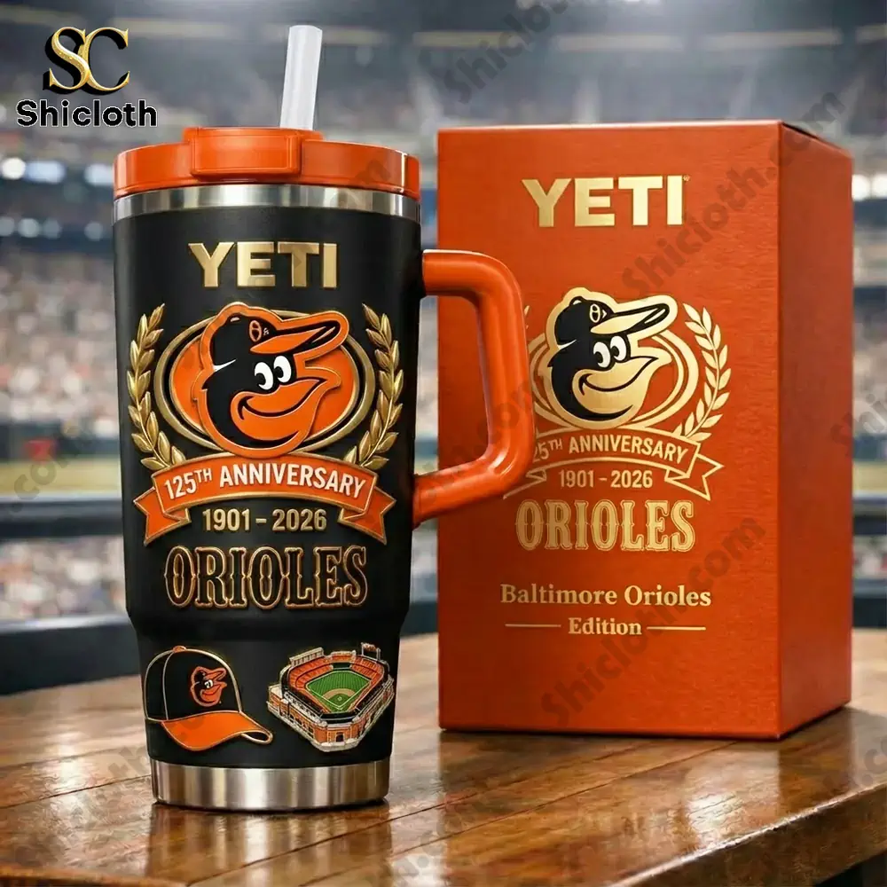 Yeti Orioles anniversary mug on wooden table!