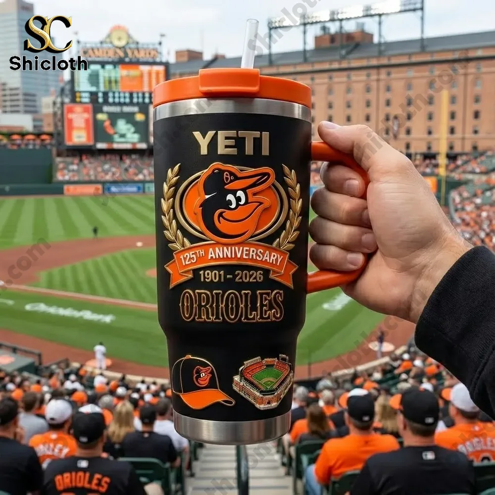 Yeti Orioles anniversary mug held at baseball stadium!