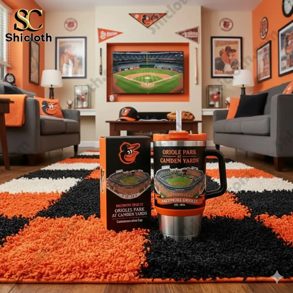 Baltimore Orioles Camden Yards tumbler in fan themed living room!
