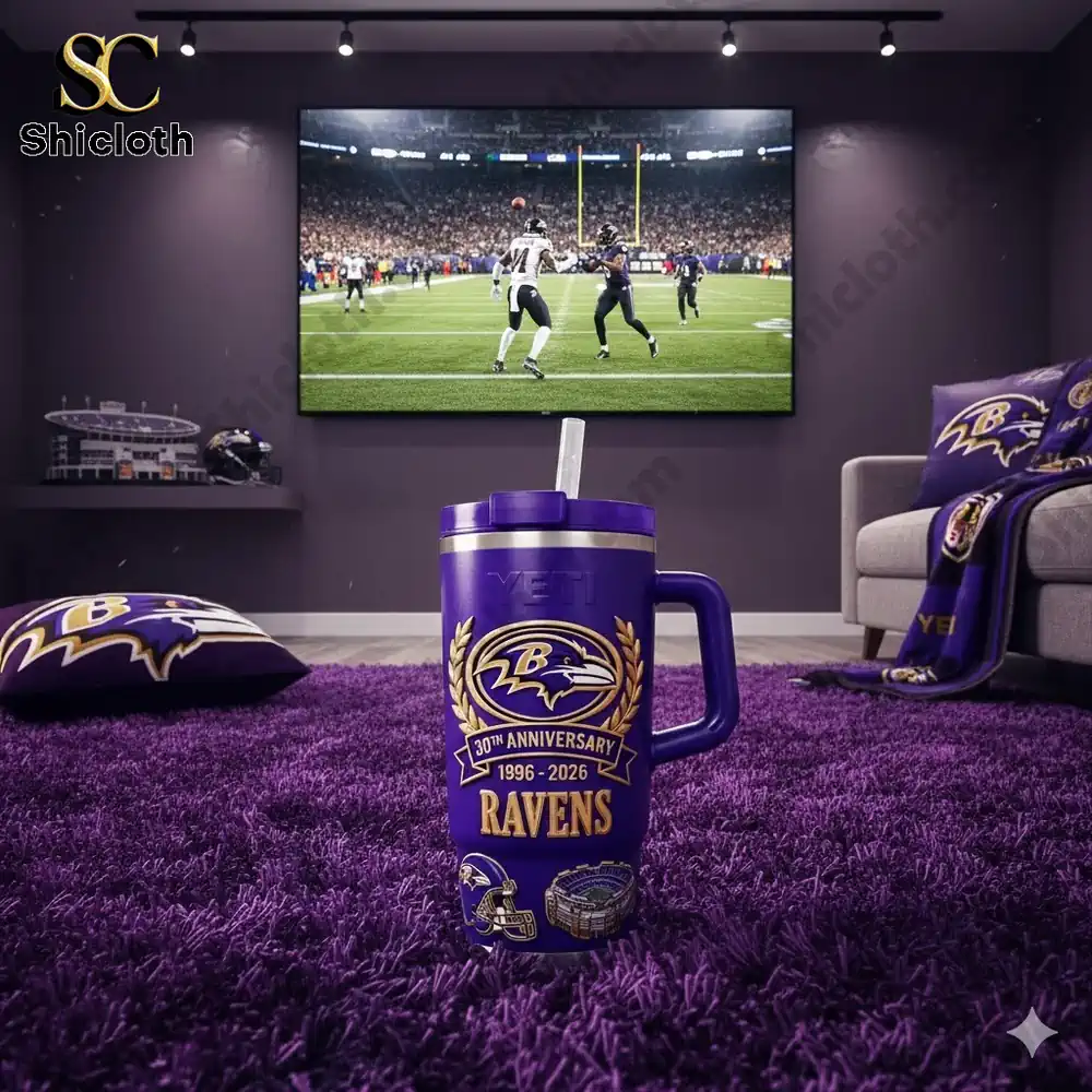 Purple Yeti Ravens anniversary mug in a home theater football room!