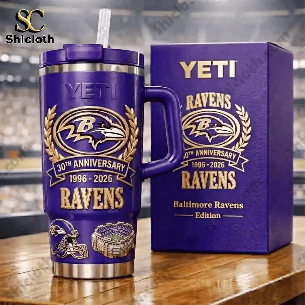 Purple Yeti Ravens anniversary mug with matching box on table!