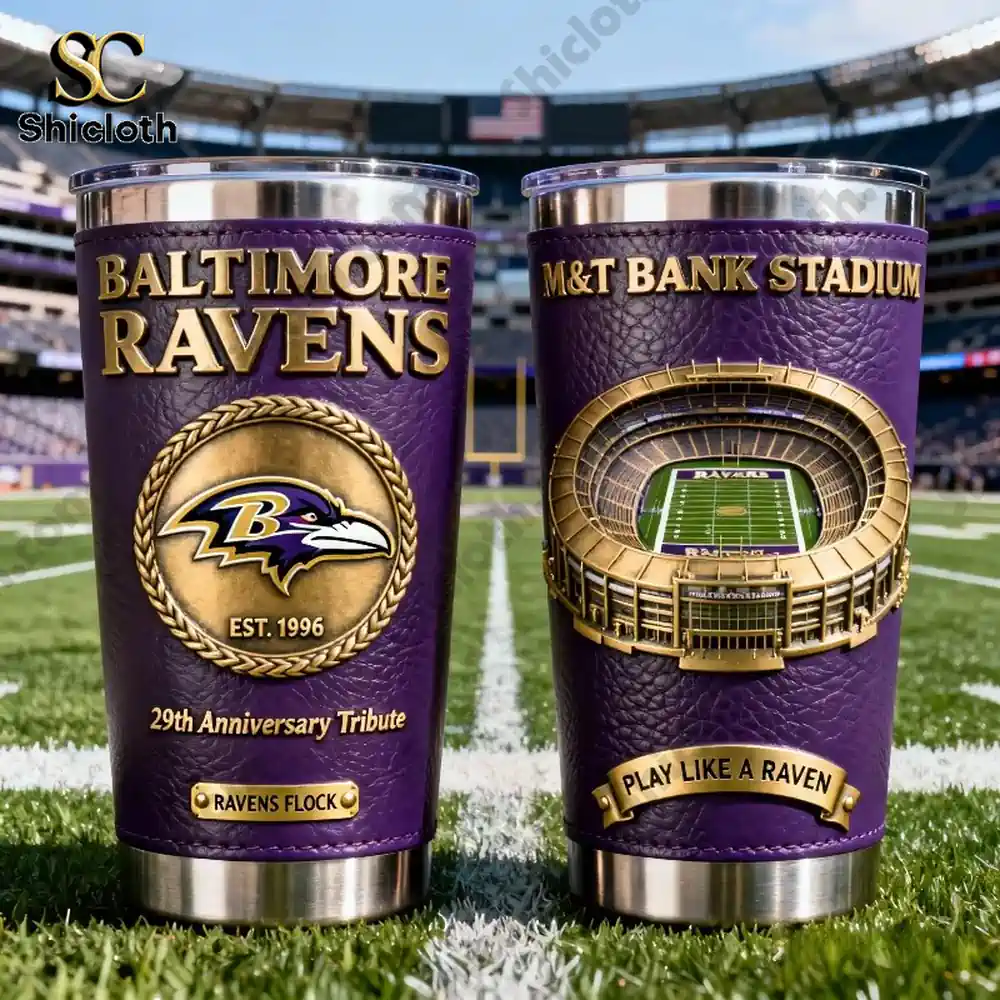 Baltimore Ravens tumbler cups standing on football field background!