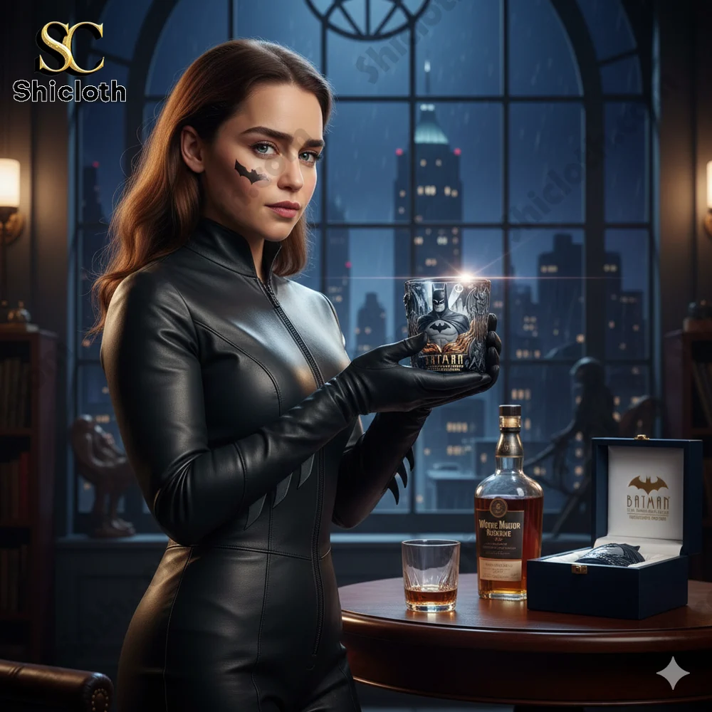 Woman in black suit holding Batman collector glass!