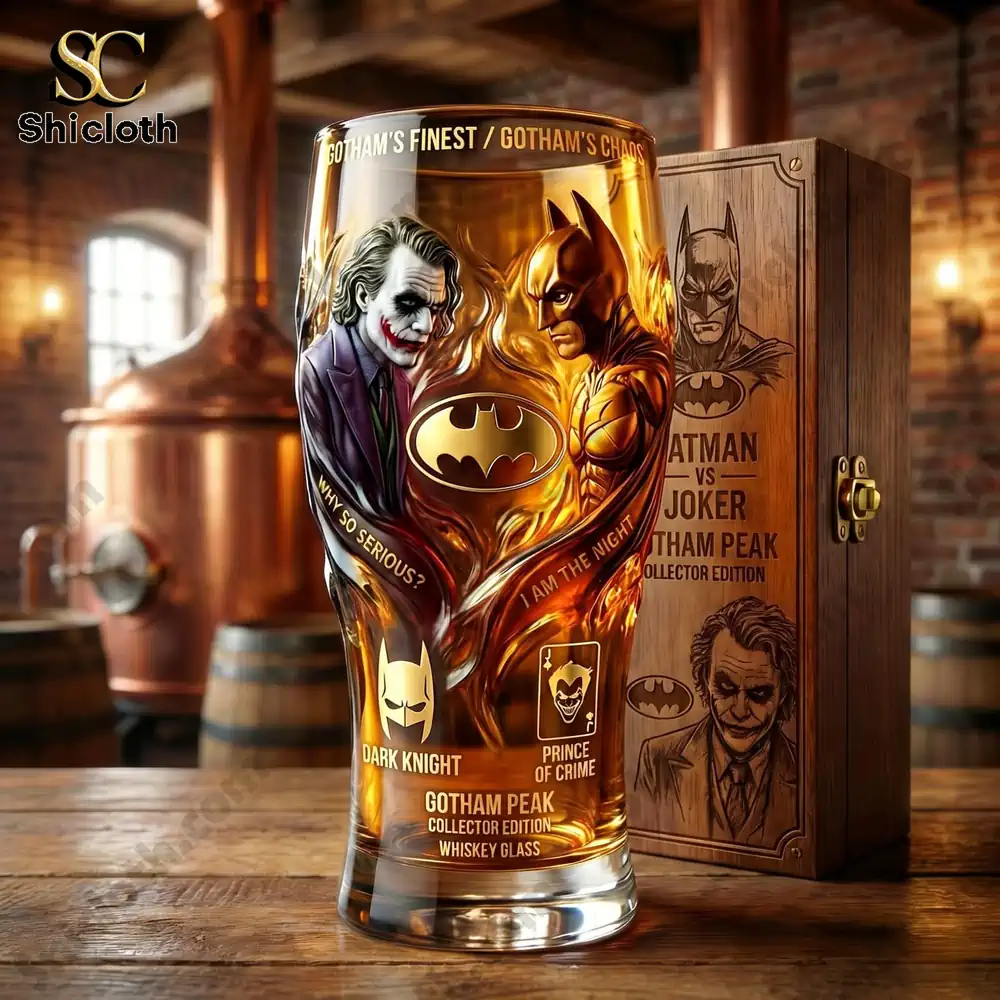 Gotham Peak collector whiskey glass with Batman and Joker artwork!
