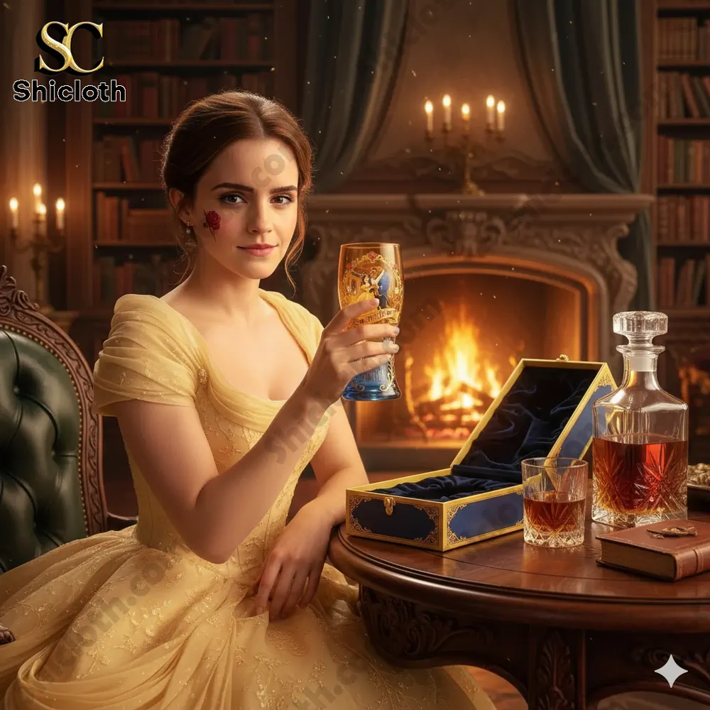 Woman in a yellow gown holding an anniversary beer glass by a fireplace!