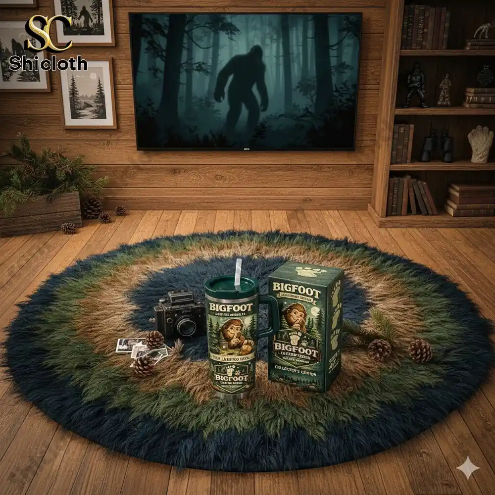 Bigfoot themed tumbler and box displayed in cozy cabin living room!