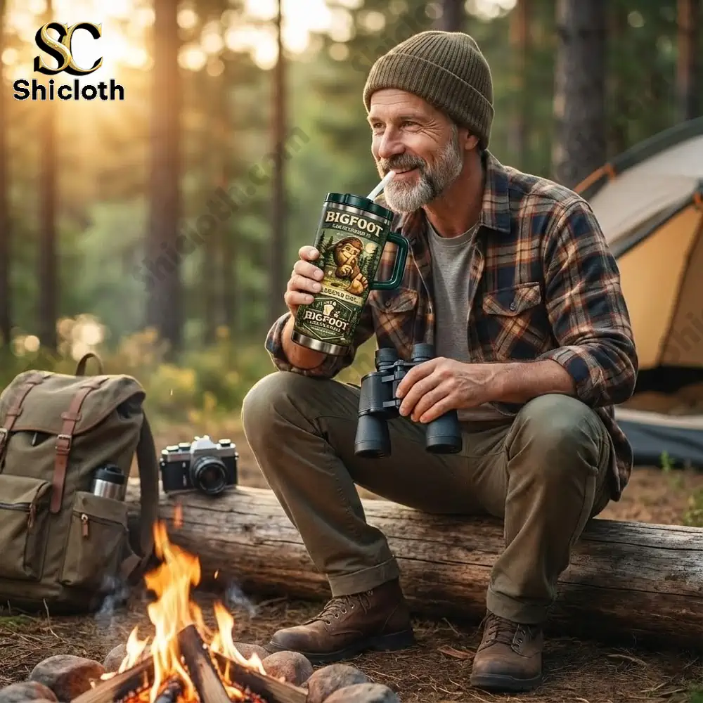 Camper enjoying Bigfoot themed tumbler by the campfire!