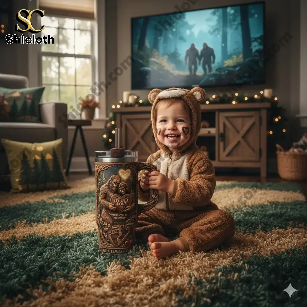 Baby in bear costume holding Bigfoot themed mug indoors!