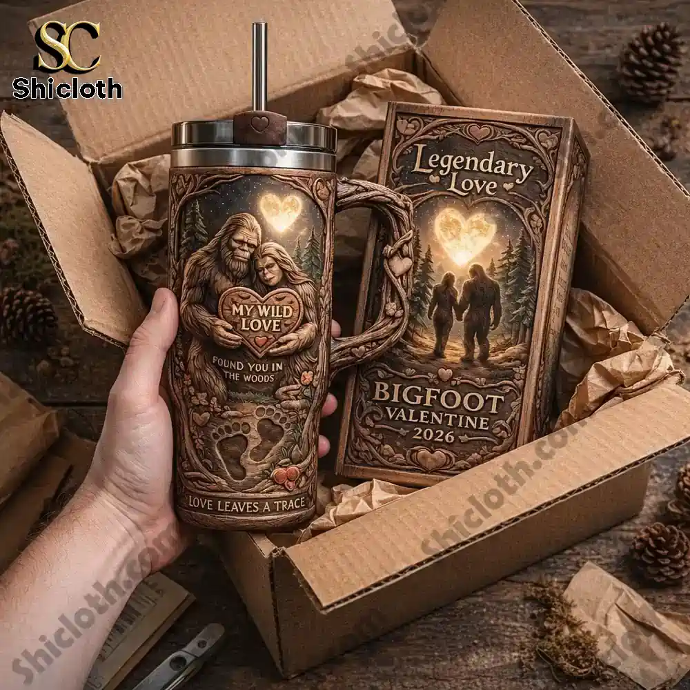 Bigfoot love mug with gift box in forest setting!