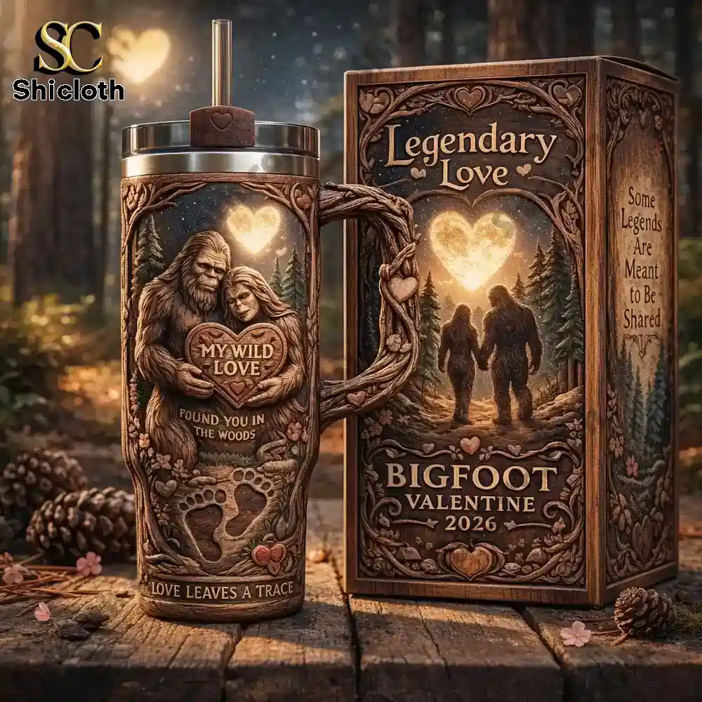 Bigfoot Valentine 2026 Handle Straw Tumbler 3 Hand holding Bigfoot mug with matching gift box!